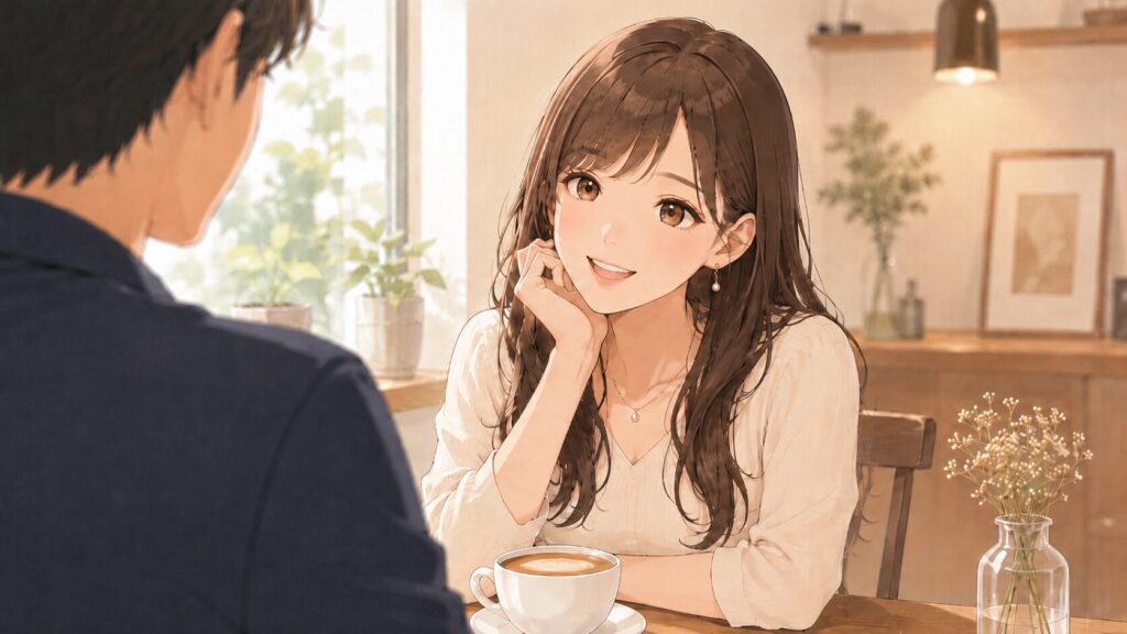 笑顔で会話する女性