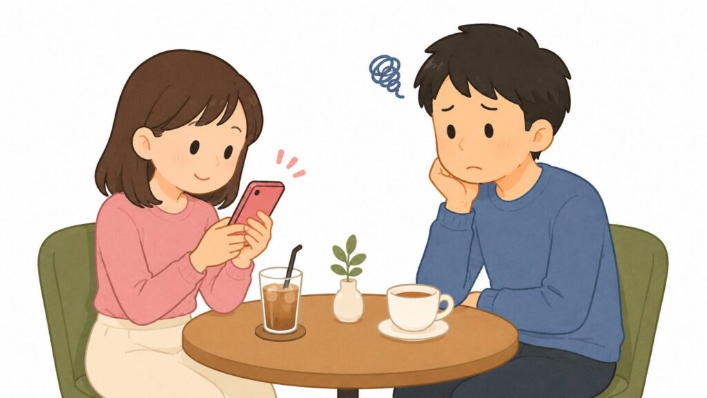 デート中にスマホをいじる女性